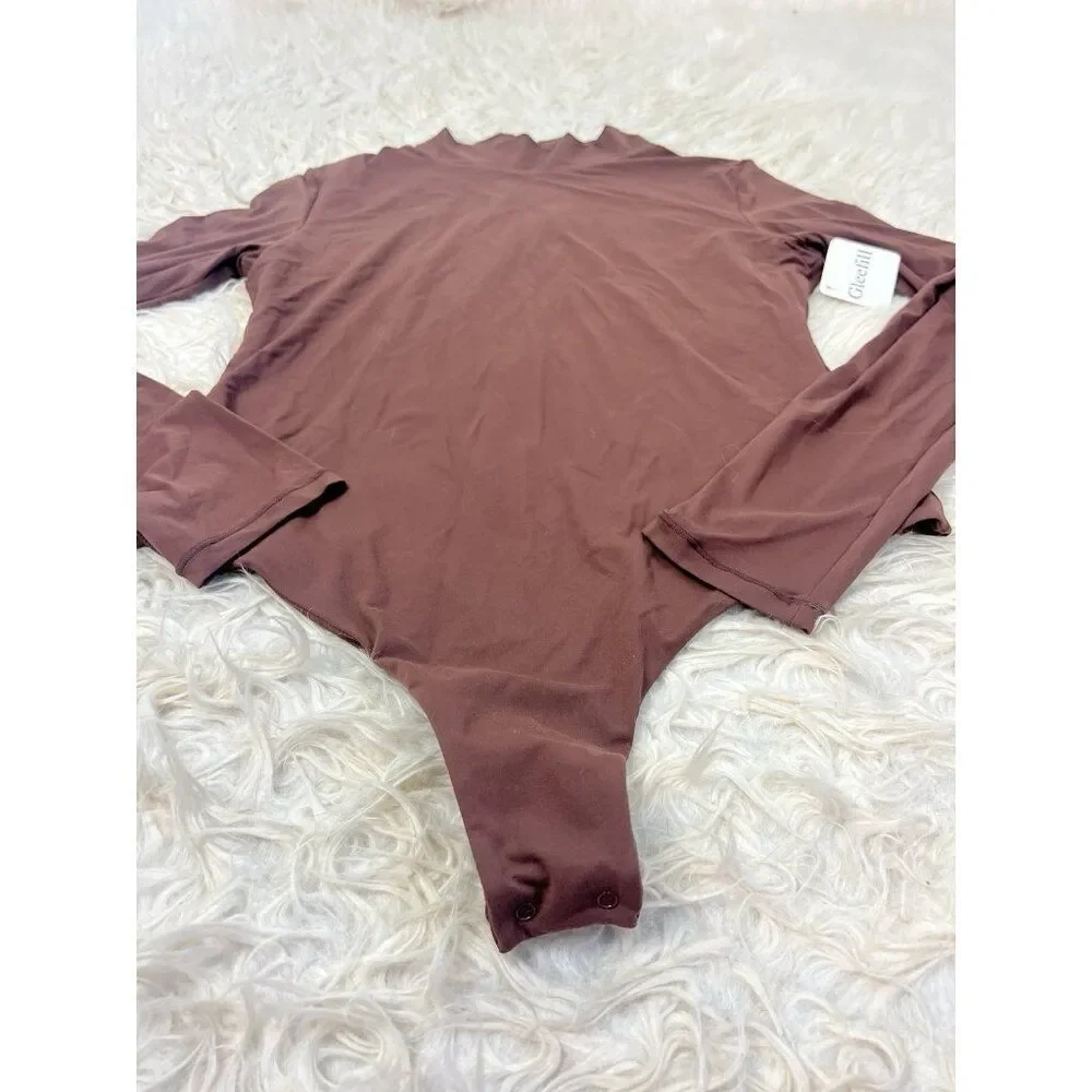 Gleefill NWT Women’s Size XL Brown Long sleeve Bodysuit Mock Neck Thong Back